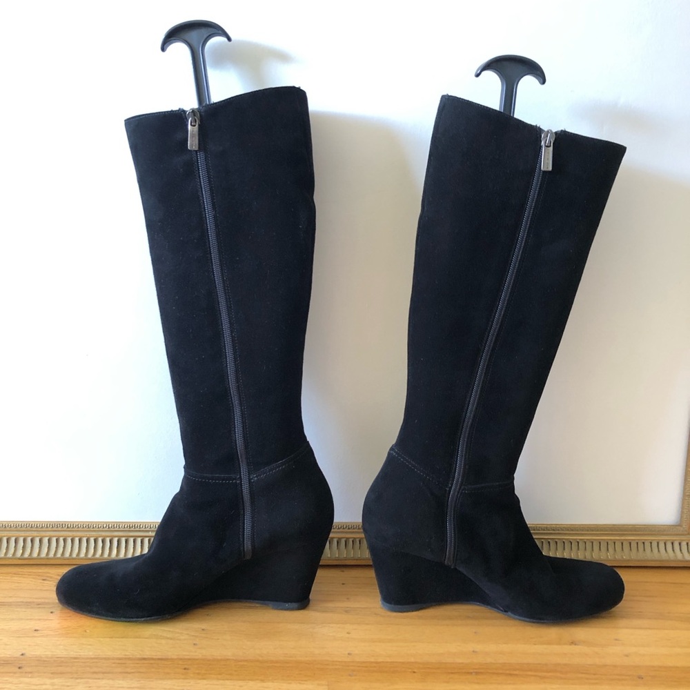 Botticelli Black Suede Knee-High Wedge Boots